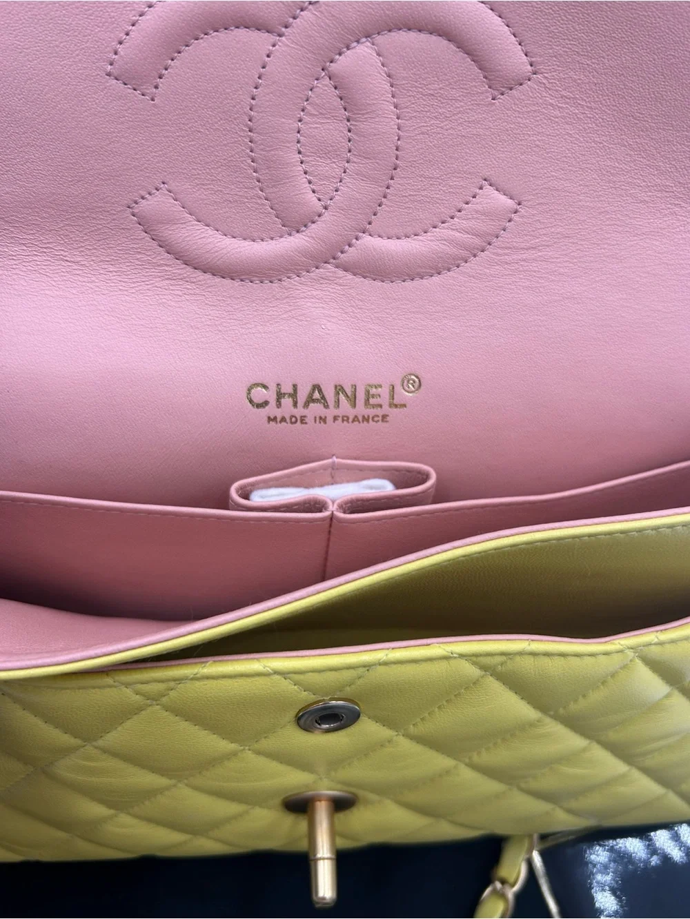 Women's Chanel Classic Quilted double Flap Bag in Yellow with Gold Hardware